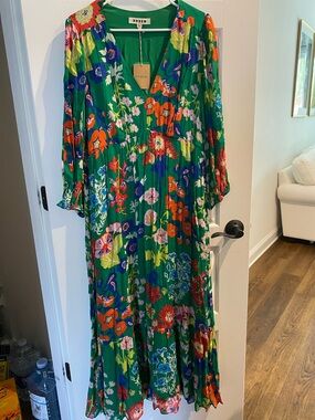 Boden Puff Sleeve Green Multicolor Floral Maxi Dress NWT